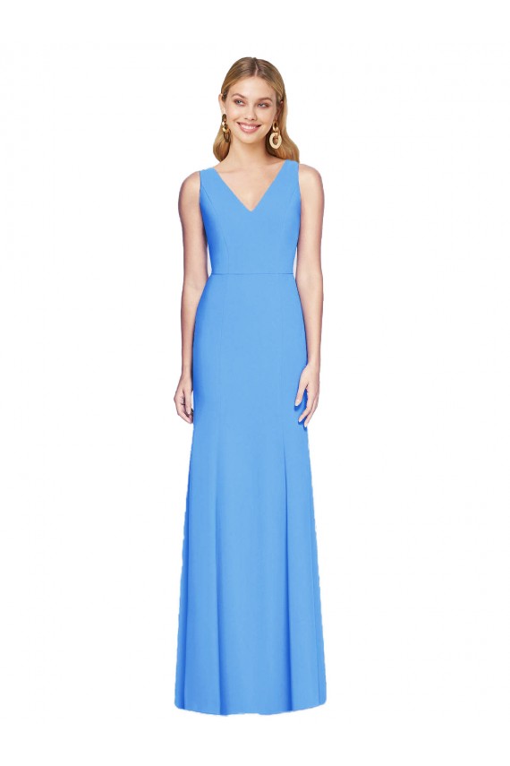 Bleu paon Trompette Col V Crêpe Stretch Longue Robes demoiselle d'honneur / Robes de bal Pas Cher