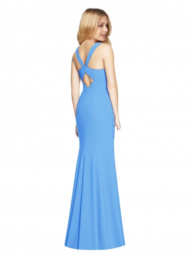Bleu paon Trompette Col V Crêpe Stretch Longue Robes demoiselle d'honneur / Robes de bal