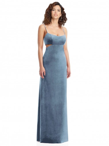 Bleu poussiéreux Fourreau Col Carré Velours Stretch Longue Formelles Robes demoiselle d'honneur / Robes de soirée / Robes de bal Pas Cher