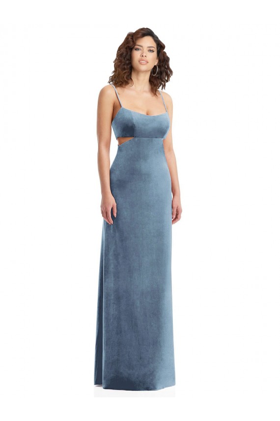 Bleu poussiéreux Fourreau Col Carré Velours Stretch Longue Formelles Robes demoiselle d'honneur / Robes de soirée / Robes de bal Pas Cher