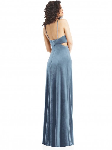 Bleu poussiéreux Fourreau Col Carré Velours Stretch Longue Formelles Robes demoiselle d'honneur / Robes de soirée / Robes de bal