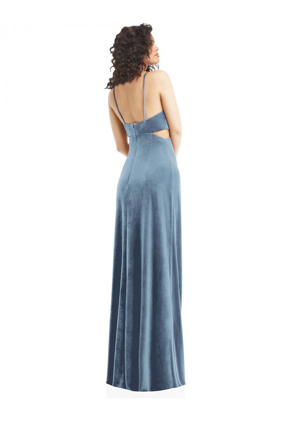 Bleu poussiéreux Fourreau Col Carré Velours Stretch Longue Formelles Robes demoiselle d'honneur / Robes de soirée / Robes de bal Pas Cher