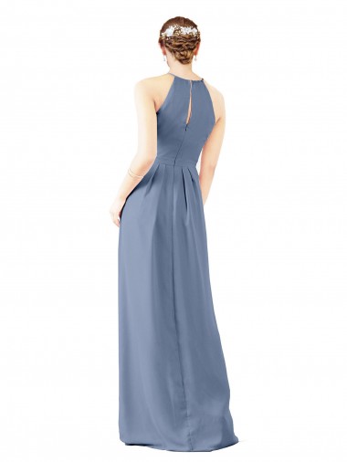 Bleu poussiéreux Fourreau Licou Col Haut Mousseline Longue Robes demoiselle d'honneur