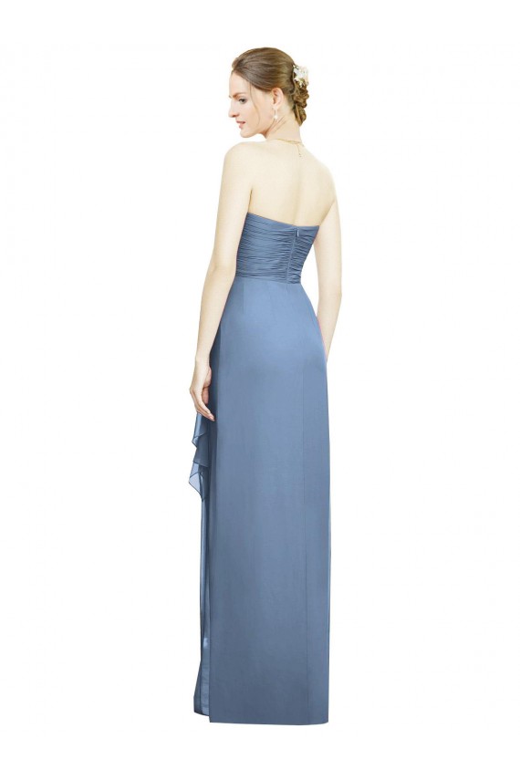 Bleu poussiéreux Fourreau Sans bretelle Mousseline Longue Robes demoiselle d'honneur Pas Cher