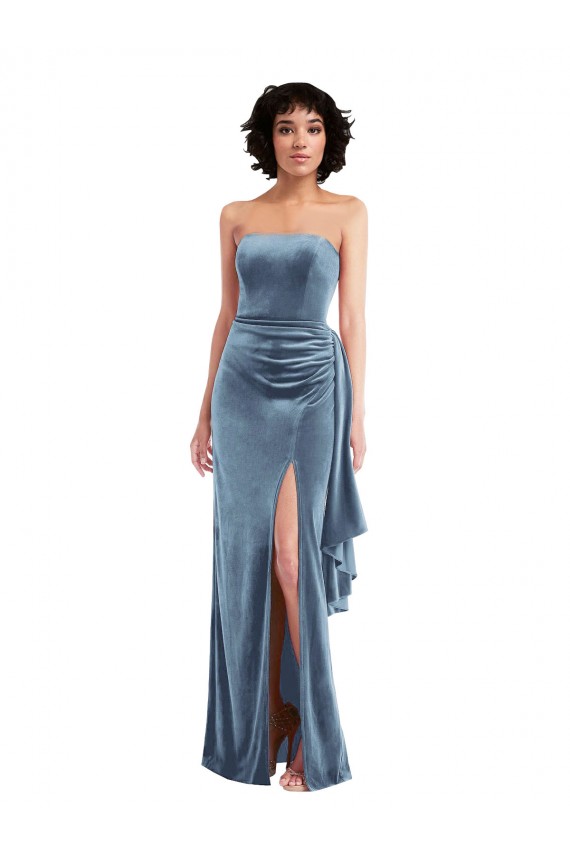 Bleu poussiéreux Fourreau Sans bretelle Velours Stretch Longue Formelles Robes demoiselle d'honneur / Robes de soirée / Robes de bal Pas Cher