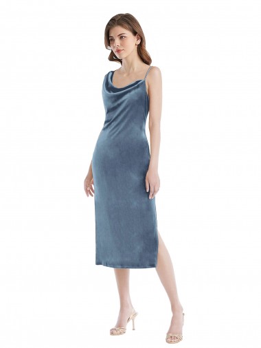 Bleu poussiéreux Fourreau Velours Stretch Longue Robes demoiselle d'honneur / Robes de bal Pas Cher