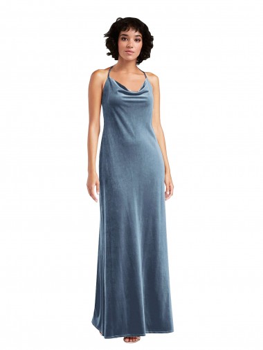 Bleu poussiéreux Fourreau Velours Stretch Longue Robes demoiselle d'honneur / Robes de bal Pas Cher