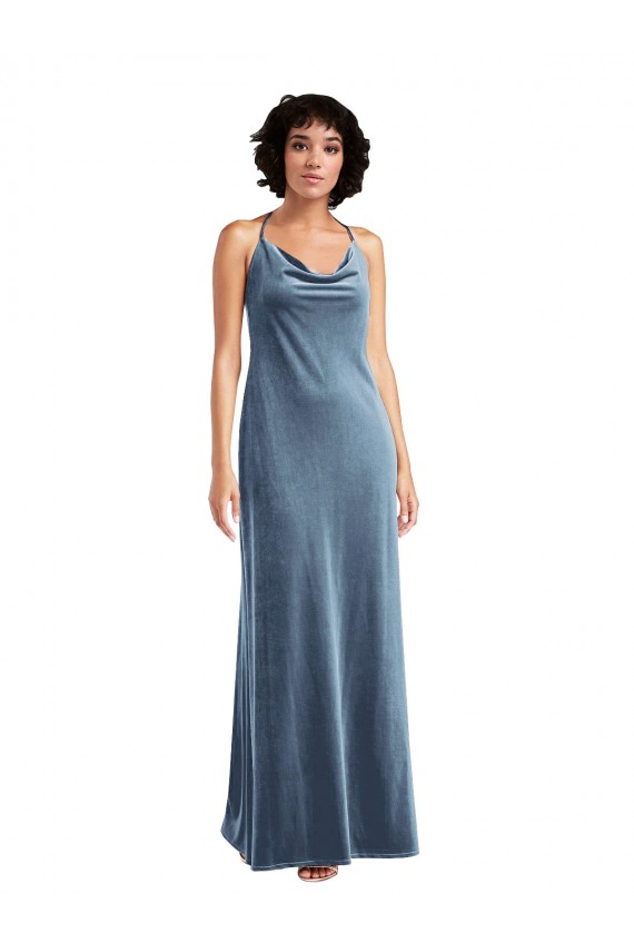 Bleu poussiéreux Fourreau Velours Stretch Longue Robes demoiselle d'honneur / Robes de bal Pas Cher