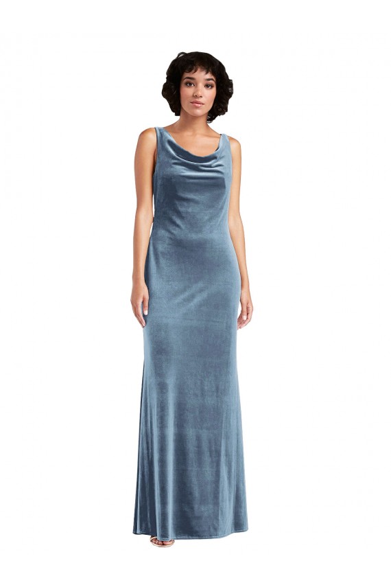 Bleu poussiéreux Fourreau Velours Stretch Longue Robes demoiselle d'honneur / Robes de bal Pas Cher