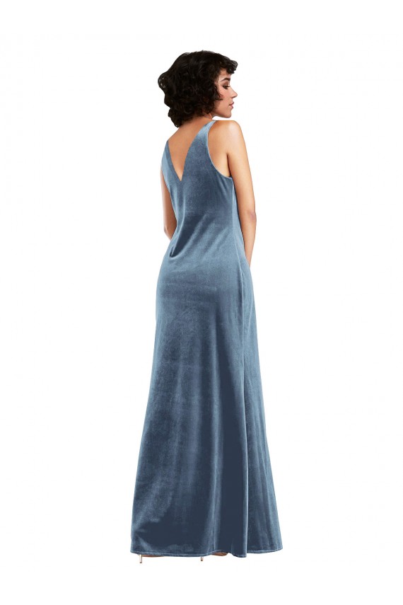 Bleu poussiéreux Fourreau Velours Stretch Longue Robes demoiselle d'honneur / Robes de bal Pas Cher