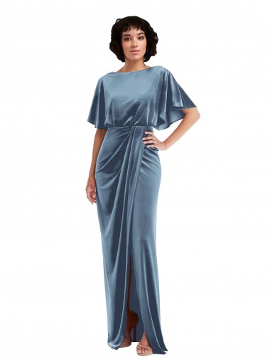 Bleu poussiéreux Fourreau Velours Stretch Longue Robes demoiselle d'honneur / Robes de bal Pas Cher
