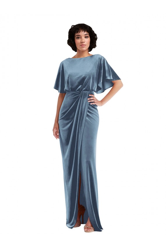 Bleu poussiéreux Fourreau Velours Stretch Longue Robes demoiselle d'honneur / Robes de bal Pas Cher