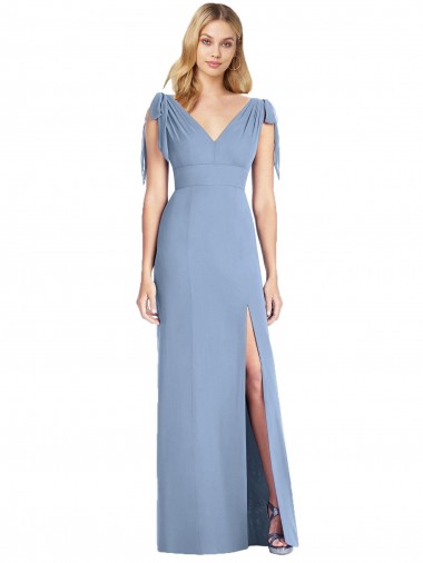 Bleu poussiéreux Sirène Col V Mousseline Longue Robes demoiselle d'honneur Pas Cher