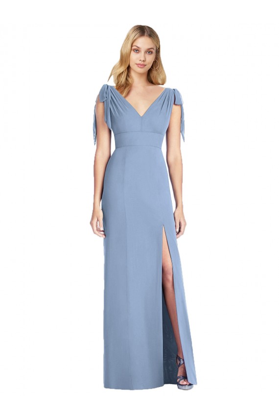 Bleu poussiéreux Sirène Col V Mousseline Longue Robes demoiselle d'honneur Pas Cher