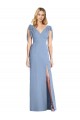 Bleu poussiéreux Sirène Col V Mousseline Longue Robes demoiselle d'honneur Pas Cher