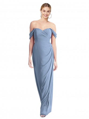Bleu poussiéreux Sirène Épaule Dénudée Mousseline Longue Robes demoiselle d'honneur Pas Cher