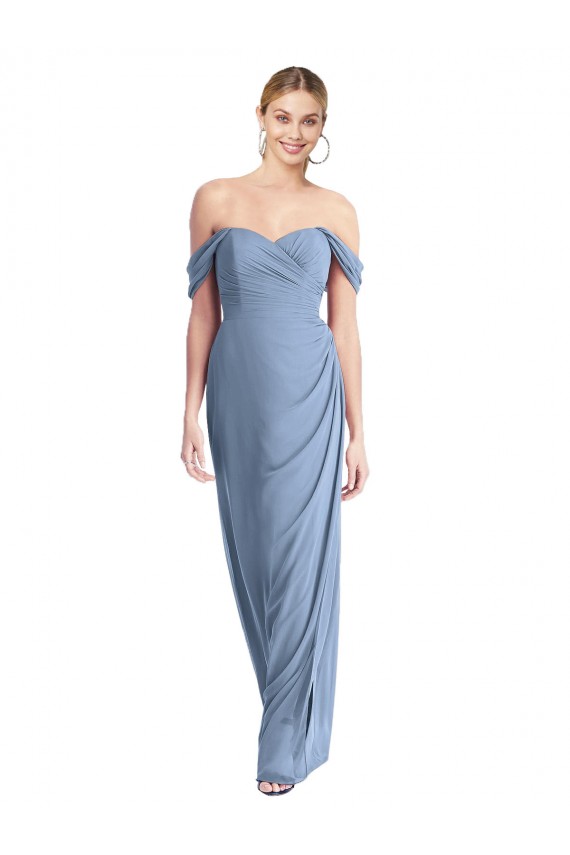 Bleu poussiéreux Sirène Épaule Dénudée Mousseline Longue Robes demoiselle d'honneur Pas Cher