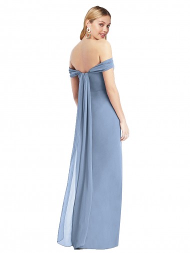 Bleu poussiéreux Sirène Épaule Dénudée Mousseline Longue Robes demoiselle d'honneur