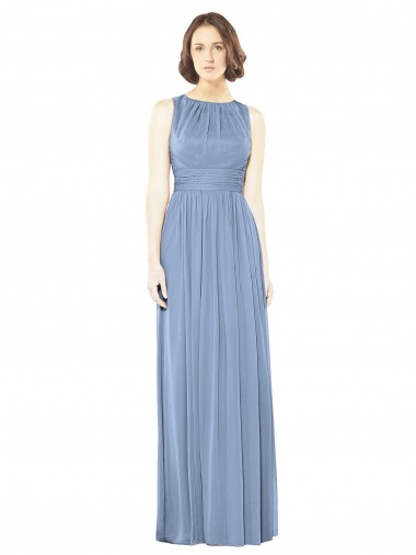 Bleu poussiéreux Trapèze Bateau Mousseline Longue Robes demoiselle d'honneur Pas Cher