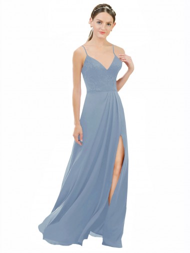 Bleu poussiéreux Trapèze Bretelles spaghetti Col V Mousseline Dentelle Longue Robes demoiselle d'honneur Pas Cher