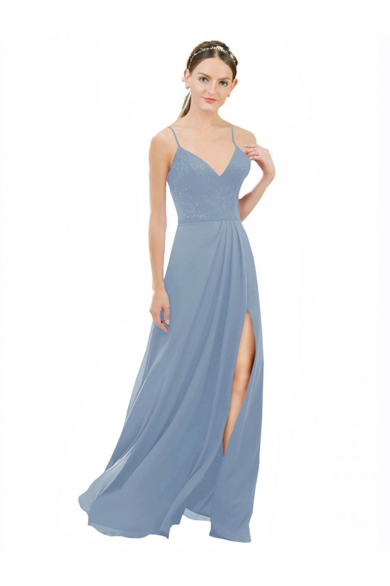 Bleu poussiéreux Trapèze Bretelles spaghetti Col V Mousseline Dentelle Longue Robes demoiselle d'honneur Pas Cher