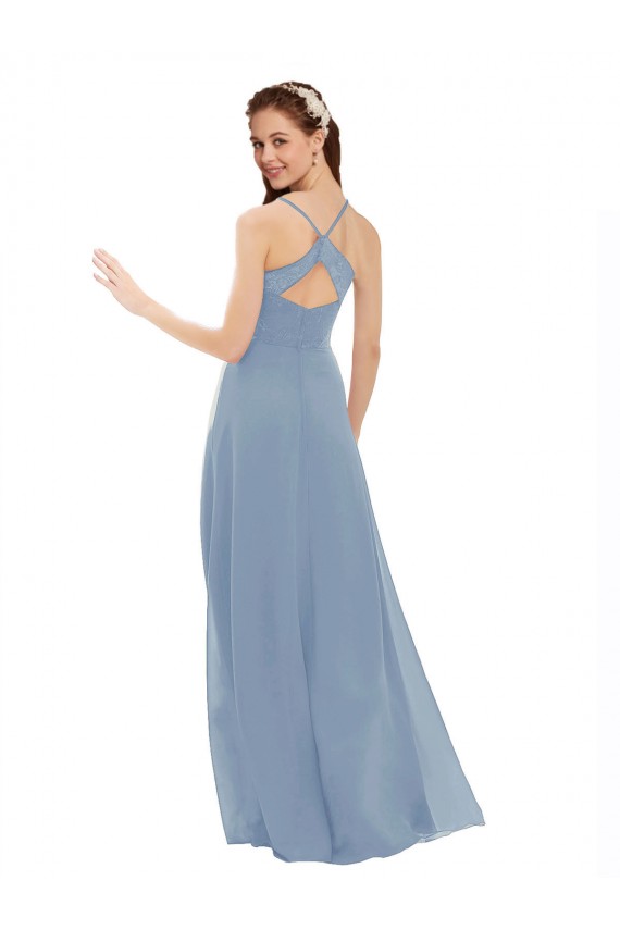 Bleu poussiéreux Trapèze Bretelles spaghetti Col V Mousseline Dentelle Longue Robes demoiselle d'honneur Pas Cher