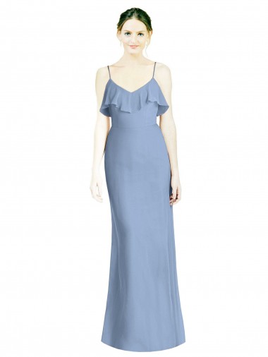Bleu poussiéreux Trapèze Bretelles spaghetti Col V Mousseline Longue Robes demoiselle d'honneur Pas Cher