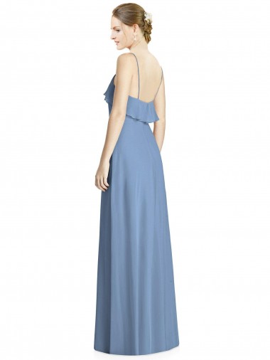 Bleu poussiéreux Trapèze Bretelles spaghetti Col V Mousseline Longue Robes demoiselle d'honneur