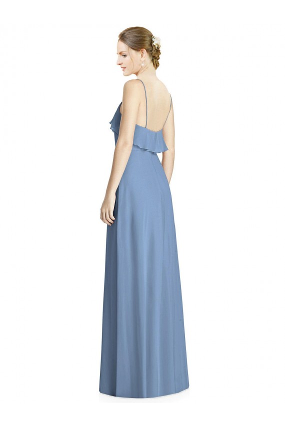 Bleu poussiéreux Trapèze Bretelles spaghetti Col V Mousseline Longue Robes demoiselle d'honneur Pas Cher