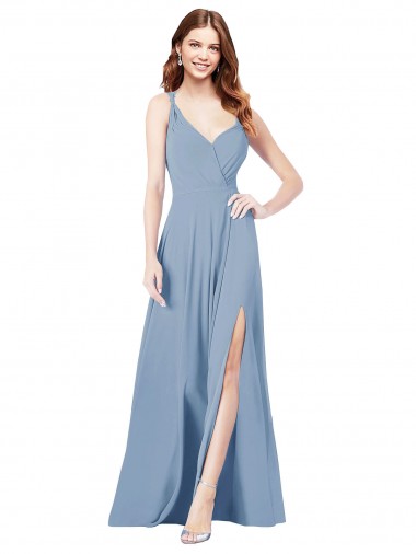 Bleu poussiéreux Trapèze Bretelles spaghetti Col V Mousseline Longue Robes demoiselle d'honneur Pas Cher