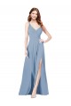 Bleu poussiéreux Trapèze Bretelles spaghetti Col V Mousseline Longue Robes demoiselle d'honneur Pas Cher