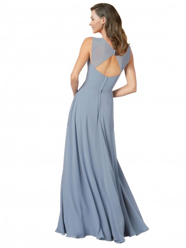 Bleu poussiéreux Trapèze Bretelles spaghetti Col V Mousseline Longue Robes demoiselle d'honneur
