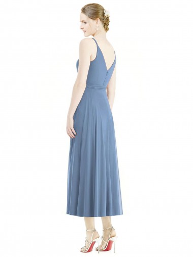Bleu poussiéreux Trapèze Bretelles spaghetti Mousseline Courte Robes demoiselle d'honneur