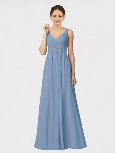 Bleu poussiéreux Trapèze Bretelles spaghetti Mousseline Longue Robes demoiselle d'honneur Pas Cher