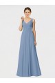 Bleu poussiéreux Trapèze Bretelles spaghetti Mousseline Longue Robes demoiselle d'honneur Pas Cher