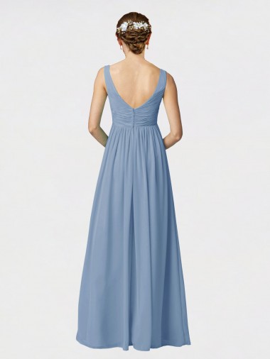 Bleu poussiéreux Trapèze Bretelles spaghetti Mousseline Longue Robes demoiselle d'honneur