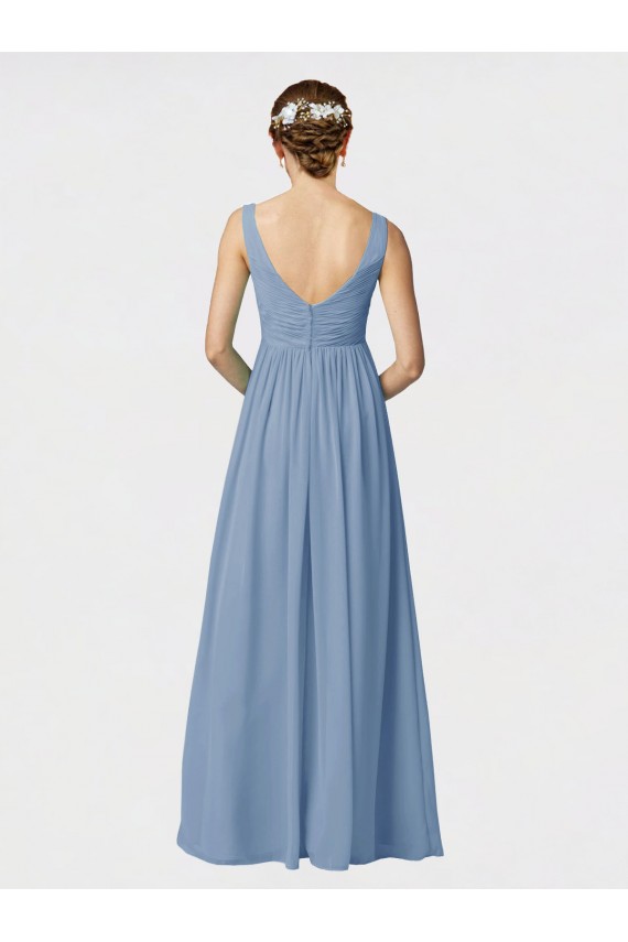 Bleu poussiéreux Trapèze Bretelles spaghetti Mousseline Longue Robes demoiselle d'honneur Pas Cher