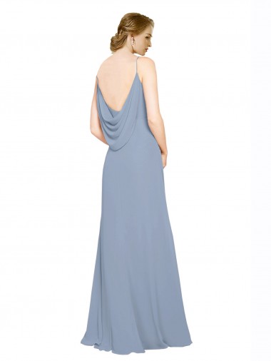 Bleu poussiéreux Trapèze Bretelles spaghetti Mousseline Longue Robes demoiselle d'honneur
