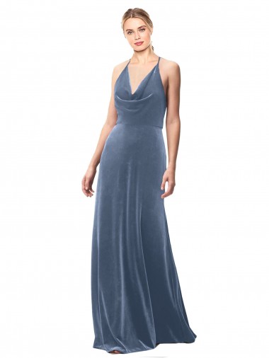 Bleu poussiéreux Trapèze Bretelles spaghetti Velours Stretch Longue Robes demoiselle d'honneur / Robes de bal Pas Cher