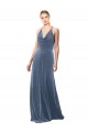 Bleu poussiéreux Trapèze Bretelles spaghetti Velours Stretch Longue Robes demoiselle d'honneur / Robes de bal Pas Cher