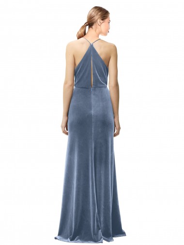 Bleu poussiéreux Trapèze Bretelles spaghetti Velours Stretch Longue Robes demoiselle d'honneur / Robes de bal