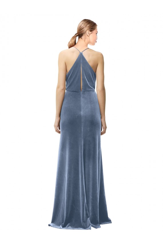Bleu poussiéreux Trapèze Bretelles spaghetti Velours Stretch Longue Robes demoiselle d'honneur / Robes de bal Pas Cher