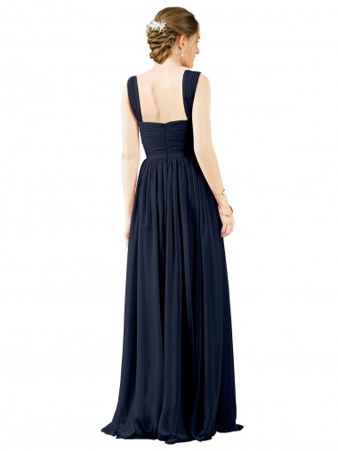Bleu poussiéreux Trapèze Col Carré Mousseline Longue Robes demoiselle d'honneur