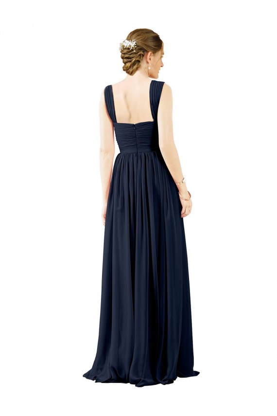 Bleu poussiéreux Trapèze Col Carré Mousseline Longue Robes demoiselle d'honneur Pas Cher