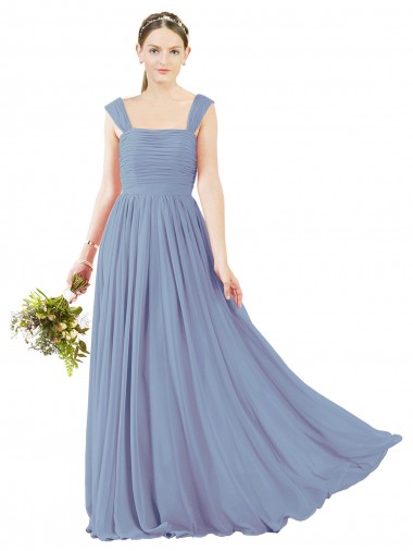 Bleu poussiéreux Trapèze Col Carré Mousseline Longue Robes demoiselle d'honneur Pas Cher