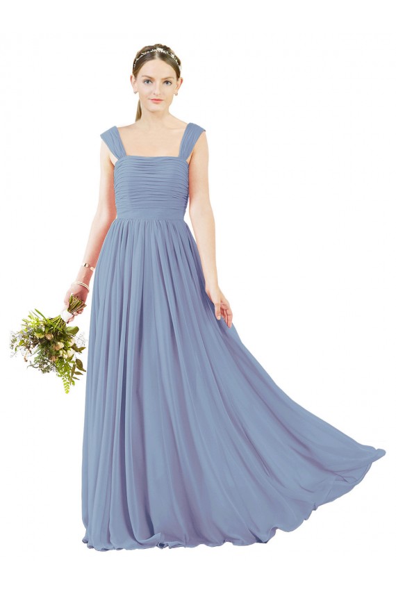 Bleu poussiéreux Trapèze Col Carré Mousseline Longue Robes demoiselle d'honneur Pas Cher