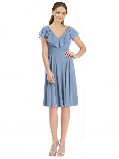 Bleu poussiéreux Trapèze Col V Mousseline Courte Robes demoiselle d'honneur Pas Cher