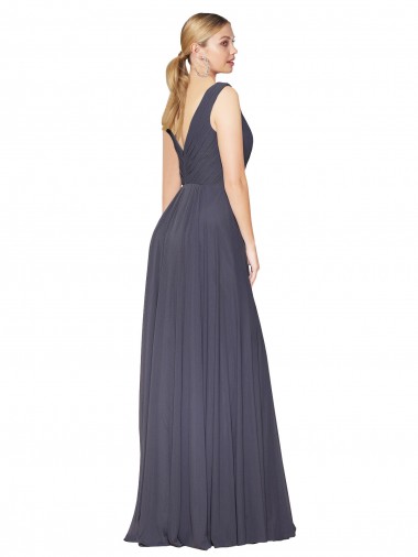 Bleu poussiéreux Trapèze Col V Mousseline Longue Formelles Robes demoiselle d'honneur / Robes de soirée / Robes de bal