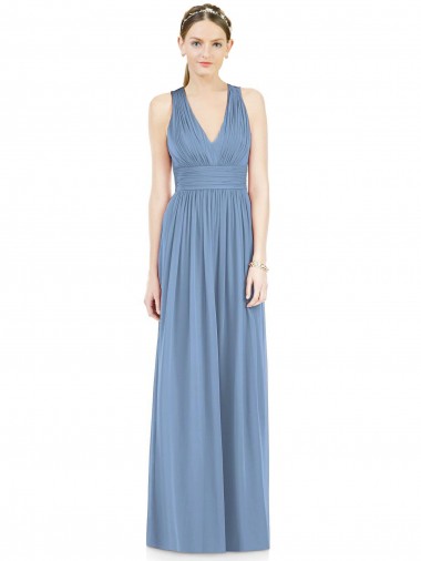 Bleu poussiéreux Trapèze Col V Mousseline Longue Robes demoiselle d'honneur Pas Cher