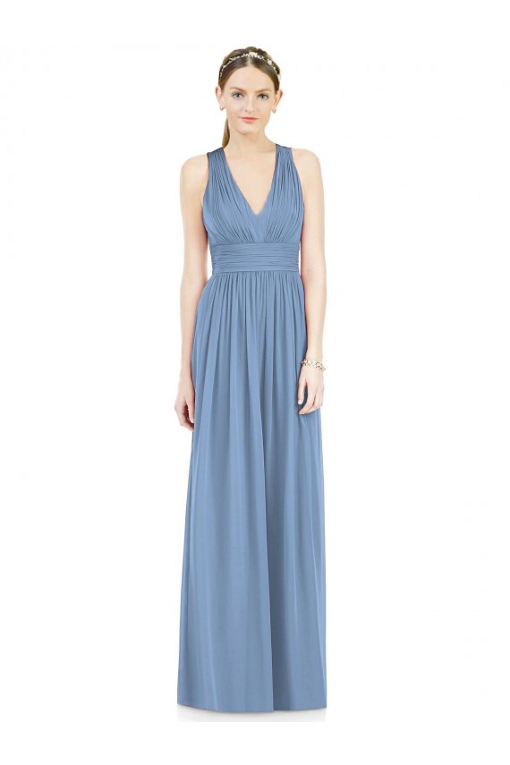 Bleu poussiéreux Trapèze Col V Mousseline Longue Robes demoiselle d'honneur Pas Cher